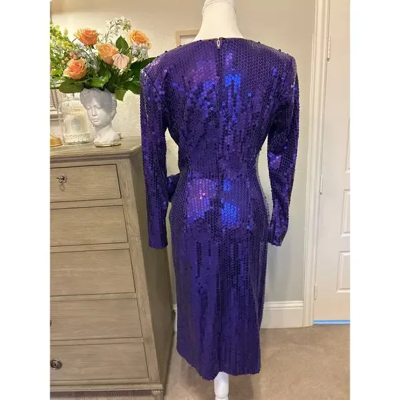 Tadashi | Vintage Purple Sequined Dress with Rhinestone Adorn Flower | 6 - Picture 11 of 15